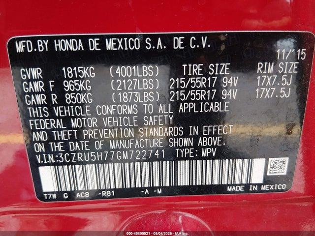 Продажа на аукционе авто 2016 Honda Hr-v Ex-l, vin: 3CZRU5H77GM722741, номер лота: 45805521