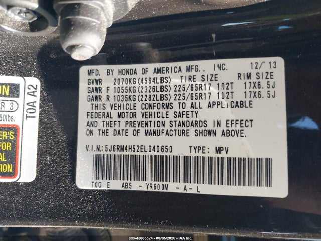 2014 Honda Cr-v Ex მანქანა იყიდება აუქციონზე, vin: 5J6RM4H52EL040650, აუქციონის ნომერი: 45805524