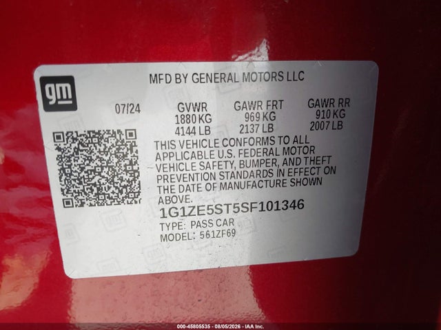 Auction sale of the 2025 Chevrolet Malibu Fwd 2lt, vin: 1G1ZE5ST5SF101346, lot number: 45805535