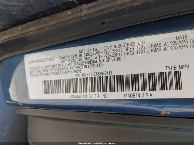 45805537 :رقم المزاد ، 4S4BP61C686342413 vin ، 2008 Subaru Outback 2.5i مزاد بيع