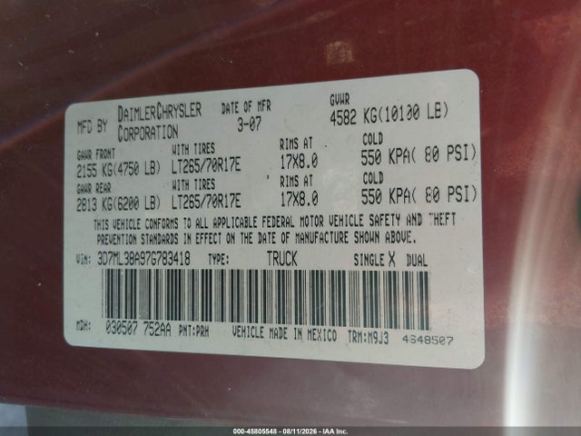 Продажа на аукционе авто 2007 Dodge Ram 3500 Slt/sport, vin: 3D7ML38A97G783418, номер лота: 45805548