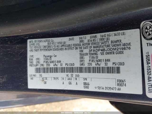45805552 :رقم المزاد ، 3FADP4BJ3DM219876 vin ، 2013 Ford Fiesta Se مزاد بيع