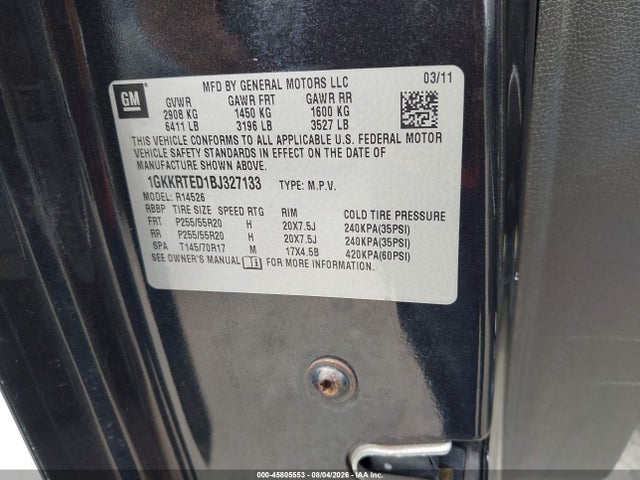 Auction sale of the 2011 Gmc Acadia Denali, vin: 1GKKRTED1BJ327133, lot number: 45805553