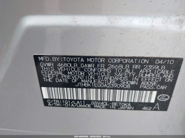 Aukcja sprzedaży 2010 Lexus Es 350, vin: JTHBK1EG0A2390908, numer aukcji: 45805559