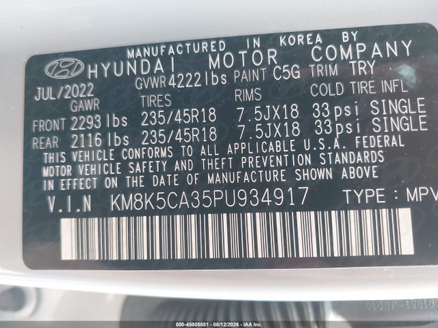 KM8K5CA35PU934917 Hyundai Kona Limited
