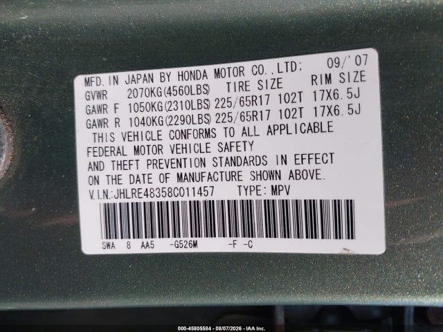Продаж на аукціоні авто 2008 Honda Cr-v Lx, vin: JHLRE48358C011457, номер лоту: 45805584
