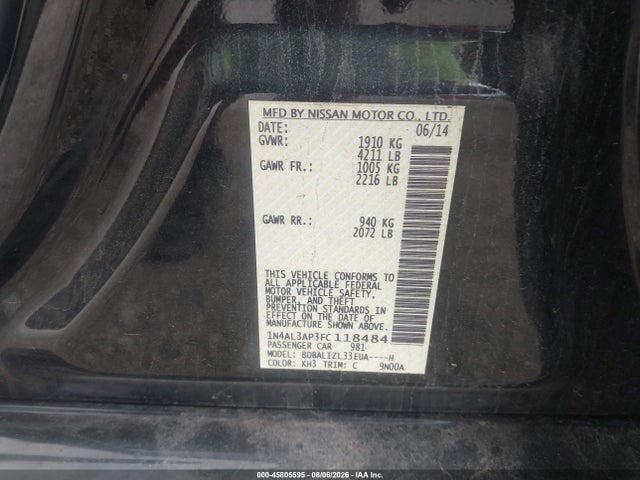 Продажа на аукционе авто 2015 Nissan Altima 2.5 Sv, vin: 1N4AL3AP3FC118484, номер лота: 45805595