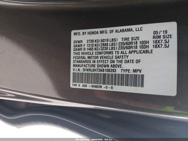 5FNRL6H73KB108393 Honda Odyssey Ex-l