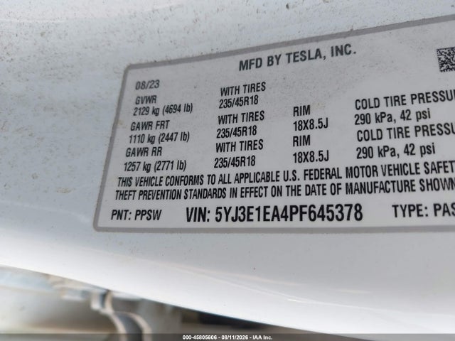 Aukcja sprzedaży 2023 Tesla Model 3 Rear-wheel Drive, vin: 5YJ3E1EA4PF645378, numer aukcji: 45805606