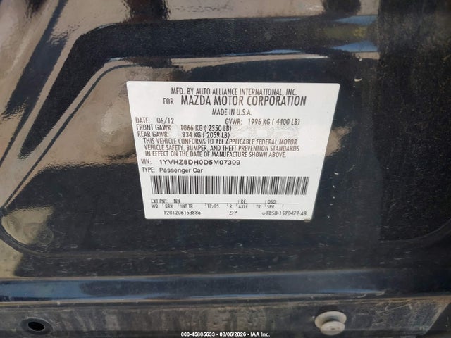 45805633 :رقم المزاد ، 1YVHZ8DH0D5M07309 vin ، 2013 Mazda Mazda6 I Touring مزاد بيع