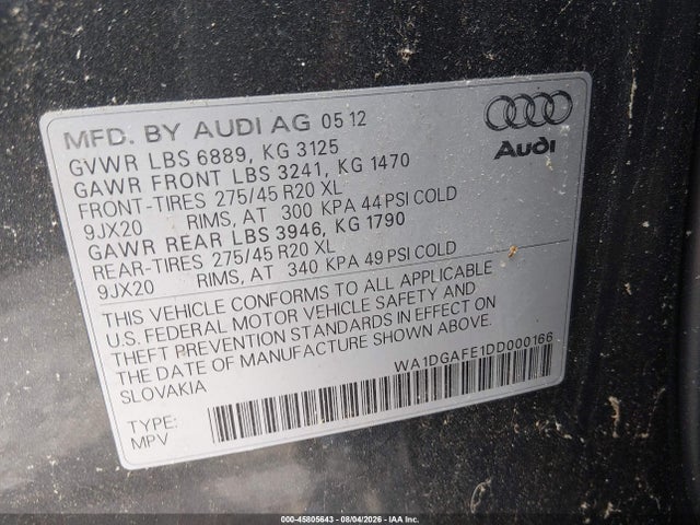 Aukcja sprzedaży 2013 Audi Q7 3.0t S Line Prestige, vin: WA1DGAFE1DD000166, numer aukcji: 45805643