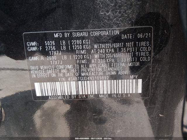 Aukcja sprzedaży 2022 Subaru Outback Wilderness, vin: 4S4BTGUD4N3109892, numer aukcji: 45805660