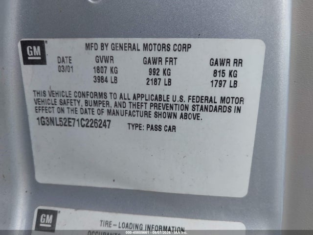 Продаж на аукціоні авто 2001 Oldsmobile Alero Gl1, vin: 1G3NL52E71C226247, номер лоту: 45805661