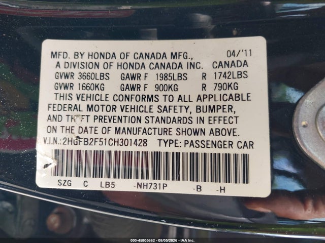 Aukcja sprzedaży 2012 Honda Civic Lx, vin: 2HGFB2F51CH301428, numer aukcji: 45805662