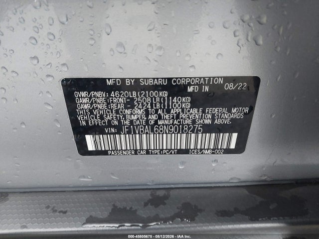 2022 Subaru Wrx Limited მანქანა იყიდება აუქციონზე, vin: JF1VBAL68N9018275, აუქციონის ნომერი: 45805675