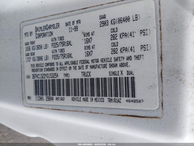 Aukcja sprzedaży 2000 Dodge Ram 1500 St, vin: 3B7HC13Z2YG153254, numer aukcji: 45805692