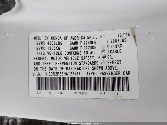 Honda ACCORD LX 2017 1HGCR2F38HA123715 Image 9