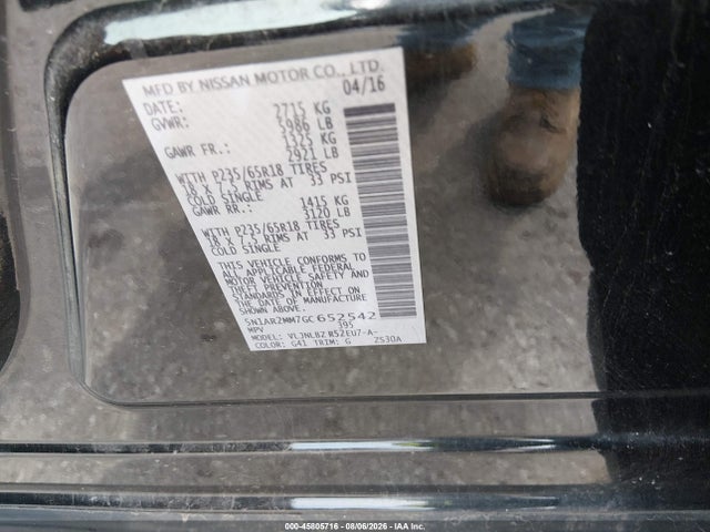 45805716 :رقم المزاد ، 5N1AR2MM7GC652542 vin ، 2016 Nissan Pathfinder S مزاد بيع