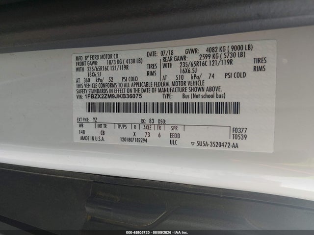 Aukcja sprzedaży 2018 Ford Transit-350 Xl, vin: 1FBZX2ZM9JKB36075, numer aukcji: 45805720