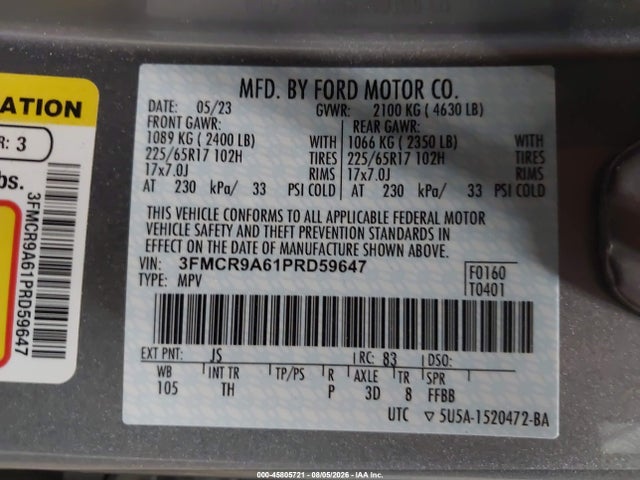 Продаж на аукціоні авто 2023 Ford Bronco Sport, vin: 3FMCR9A61PRD59647, номер лоту: 45805721