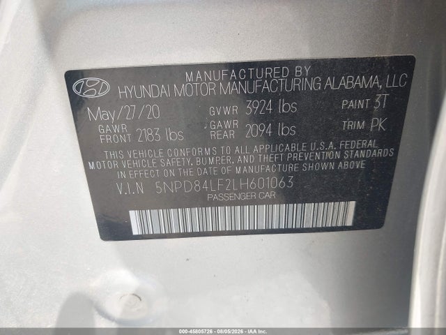 Aukcja sprzedaży 2020 Hyundai Elantra Sel, vin: 5NPD84LF2LH601063, numer aukcji: 45805726