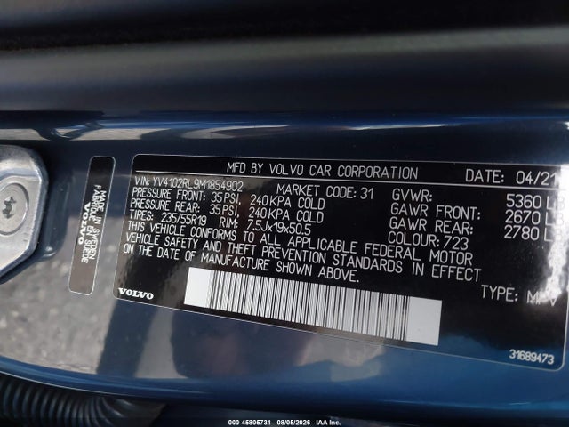 Aukcja sprzedaży 2021 Volvo Xc60 T5 Inscription, vin: YV4102RL9M1854902, numer aukcji: 45805731