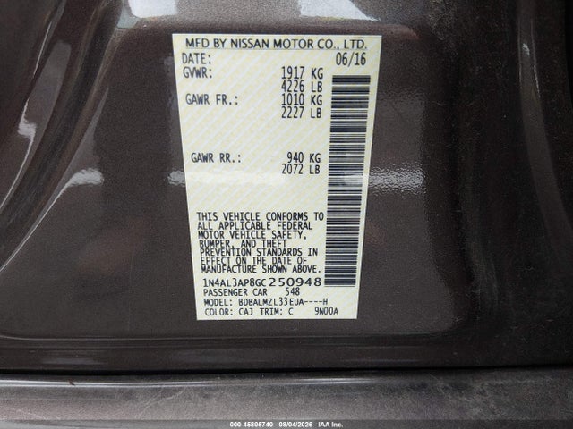 1N4AL3AP8GC250948 Nissan Altima 2.5 Sv
