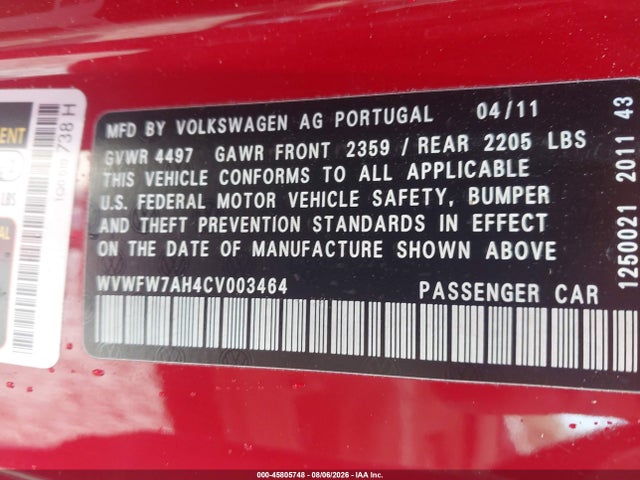 2012 Volkswagen Eos Lux მანქანა იყიდება აუქციონზე, vin: WVWFW7AH4CV003464, აუქციონის ნომერი: 45805748