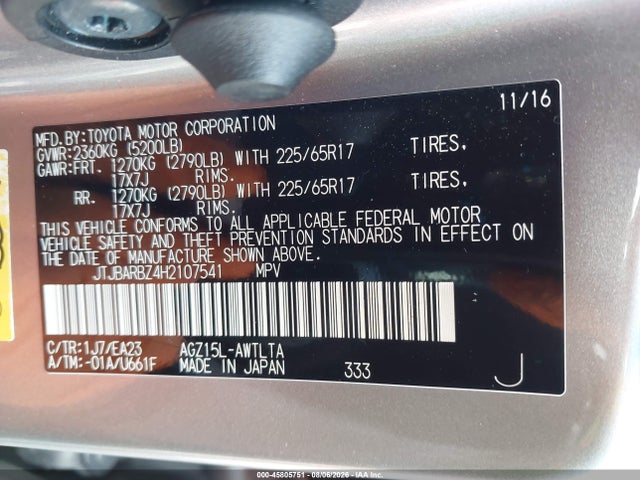 Aukcja sprzedaży 2017 Lexus Nx 200t, vin: JTJBARBZ4H2107541, numer aukcji: 45805751
