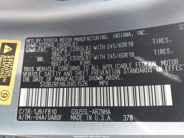 2018 Toyota Highlander Le მანქანა იყიდება აუქციონზე, vin: 5TDBZRFH8JS851526, აუქციონის ნომერი: 45805752