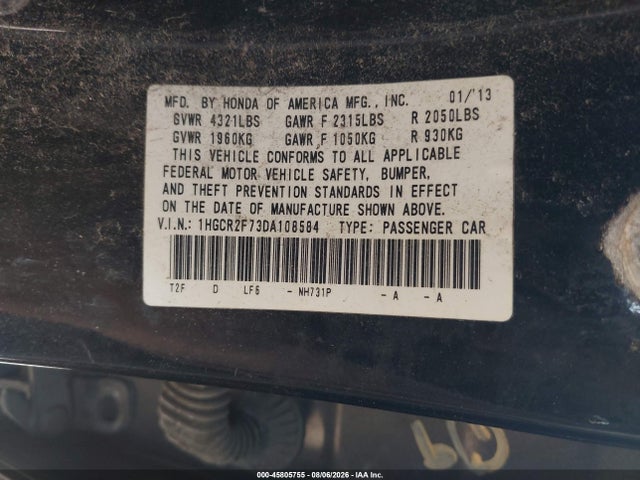 2013 Honda Accord Ex მანქანა იყიდება აუქციონზე, vin: 1HGCR2F73DA108584, აუქციონის ნომერი: 45805755