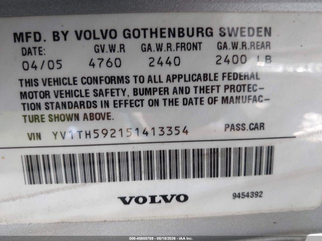 Aukcja sprzedaży 2005 Volvo S80 2.5t A Awd/2.5t A Awd Sr/2.5t A Sr, vin: YV1TH592151413354, numer aukcji: 45805769