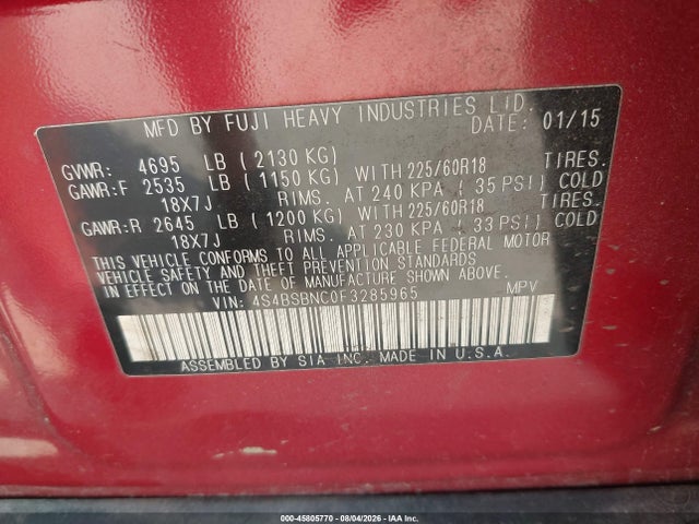 Продажа на аукционе авто 2015 Subaru Outback 2.5i Limited, vin: 4S4BSBNC0F3285965, номер лота: 45805770