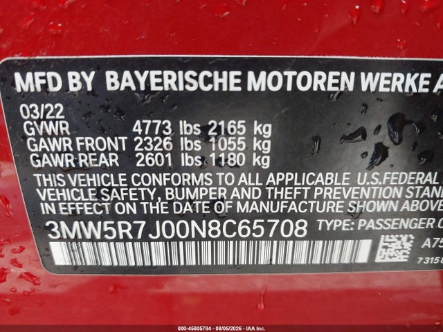 45805784 :رقم المزاد ، 3MW5R7J00N8C65708 vin ، 2022 Bmw 330i Xdrive مزاد بيع