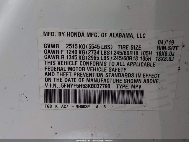 Продаж на аукціоні авто 2019 Honda Pilot Ex-l, vin: 5FNYF5H53KB037790, номер лоту: 45805787