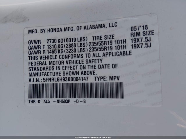Honda Odyssey Elite 2019 5FNRL6H93KB004147 Image 9