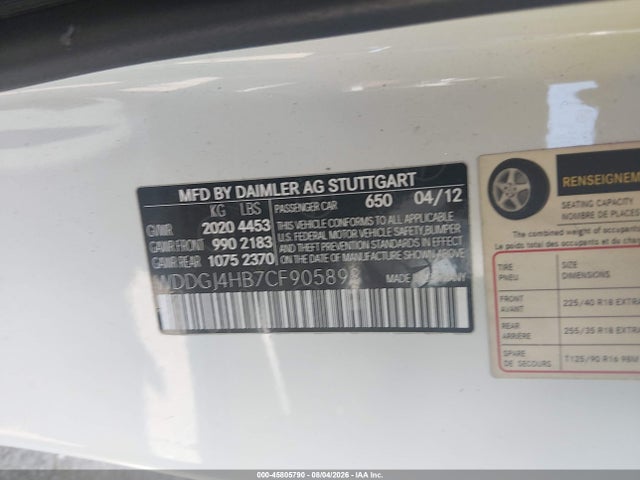 45805790 :رقم المزاد ، WDDGJ4HB7CF905898 vin ، 2012 Mercedes-benz C 250 مزاد بيع