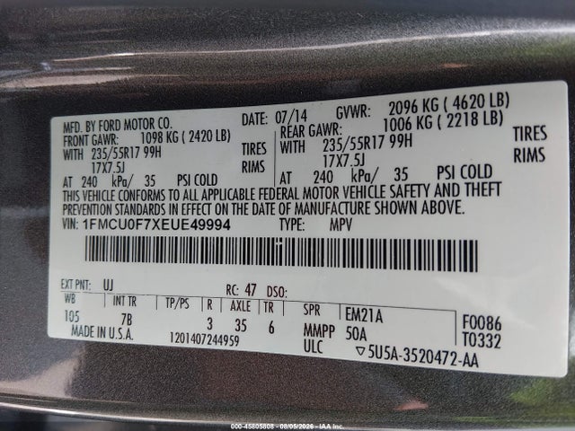 2014 Ford Escape S მანქანა იყიდება აუქციონზე, vin: 1FMCU0F7XEUE49994, აუქციონის ნომერი: 45805808