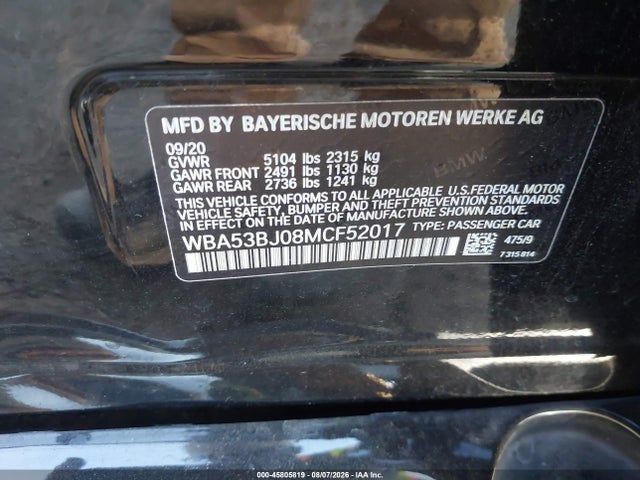 Продаж на аукціоні авто 2021 Bmw 540i, vin: WBA53BJ08MCF52017, номер лоту: 45805819