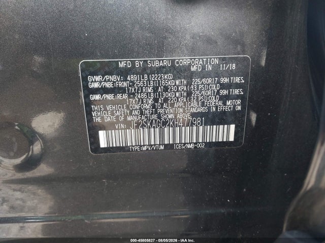 2019 Subaru Forester Premium მანქანა იყიდება აუქციონზე, vin: JF2SKAGC2KH477981, აუქციონის ნომერი: 45805827