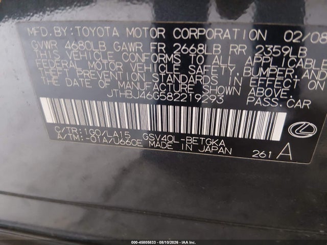 45805833 :رقم المزاد ، JTHBJ46G582219293 vin ، 2008 Lexus Es 350 مزاد بيع