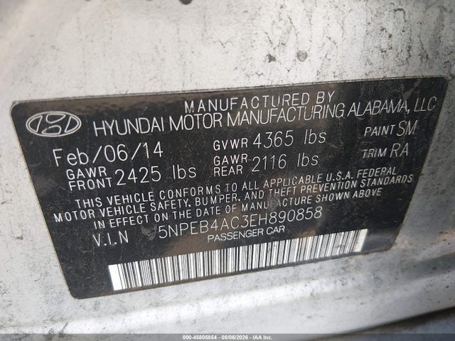 Продаж на аукціоні авто 2014 Hyundai Sonata Gls, vin: 5NPEB4AC3EH890858, номер лоту: 45805854