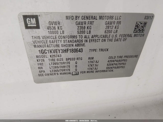 Aukcja sprzedaży 2017 Chevrolet Silverado 2500hd Lt, vin: 1GC1KVEY3HF180643, numer aukcji: 45805872