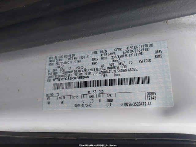 Aukcja sprzedaży 2024 Ford Transit-250, vin: 1FTBR1C85RKB58048, numer aukcji: 45805876