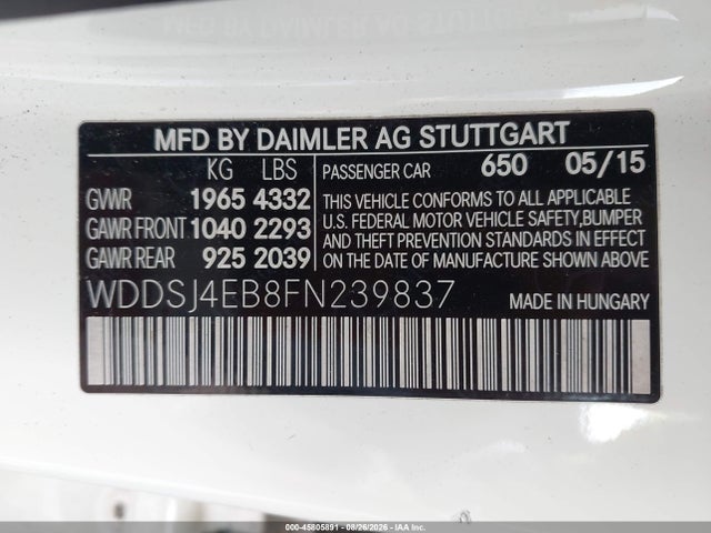 45805891 :رقم المزاد ، WDDSJ4EB8FN239837 vin ، 2015 Mercedes-benz Cla 250 مزاد بيع