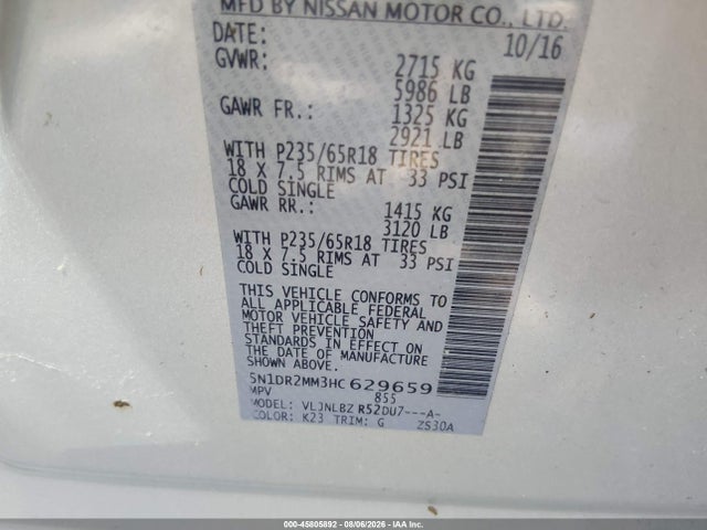 2017 Nissan Pathfinder S მანქანა იყიდება აუქციონზე, vin: 5N1DR2MM3HC629659, აუქციონის ნომერი: 45805892