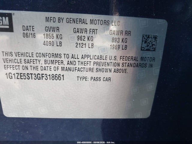 45805895 :رقم المزاد ، 1G1ZE5ST3GF318661 vin ، 2016 Chevrolet Malibu 1lt مزاد بيع