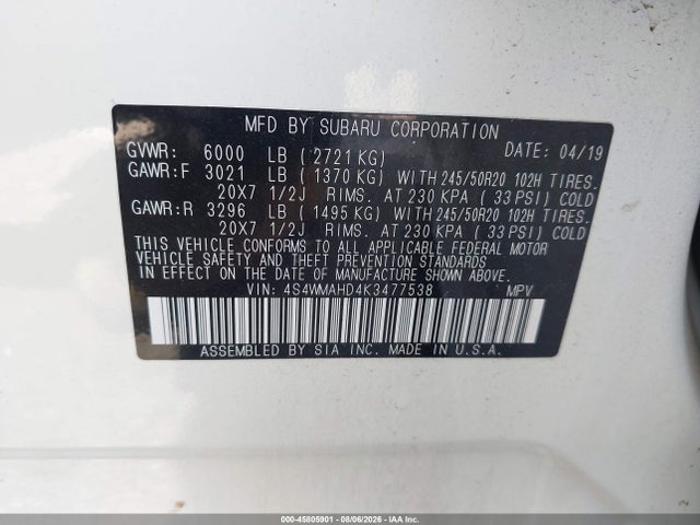 Продажа на аукционе авто 2019 Subaru Ascent Premium, vin: 4S4WMAHD4K3477538, номер лота: 45805901