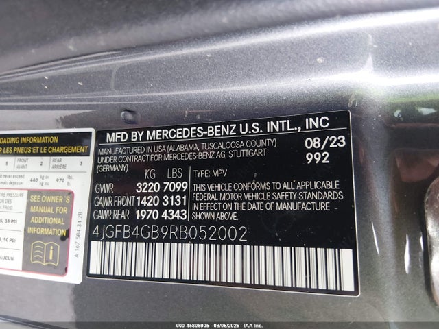 2024 Mercedes-benz Gle 450 Plug-in Hybrid 4matic მანქანა იყიდება აუქციონზე, vin: 4JGFB4GB9RB052002, აუქციონის ნომერი: 45805905