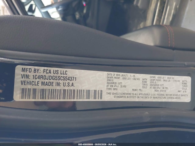 2025 Dodge Durango Gt Awd მანქანა იყიდება აუქციონზე, vin: 1C4RDJDG5SC554371, აუქციონის ნომერი: 45805906